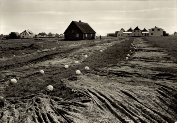 Postcard Neuendorf Island Hiddensee in the Baltic Sea, spread fishing nets on the land