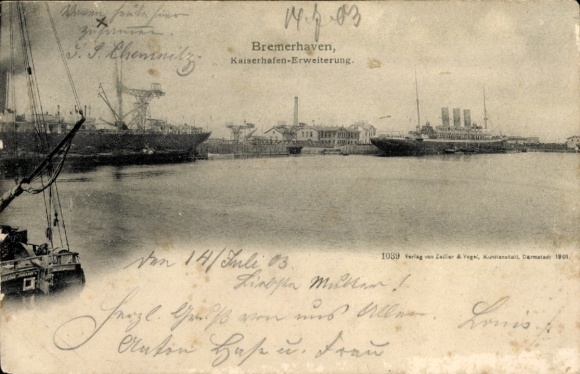 Ak Bremerhaven, Kaiserhafen mit Schiffen, J. F. Chemnitz, Datum 14. Juli 1903