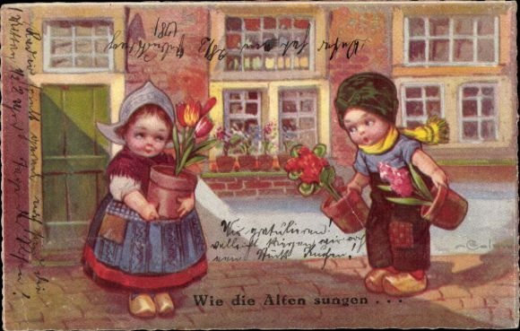 Artist Postcard Colombo, E., Children in Dutch costume, gifts, How the old people sang...