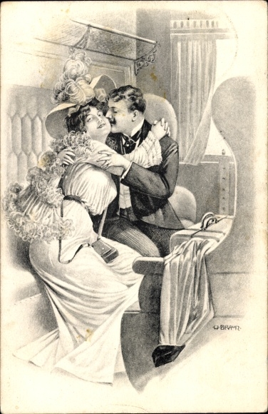 Artist Postcard Braun, W., Travellers, Couple in Train Compartment, Kiss, Sect Leaves for a Happy Mood