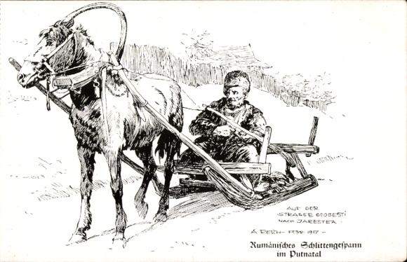 Artist Postcard Reich, A., Romanian sleigh team in Putna Valley, road Odobesti to Jarestea 1917