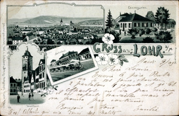 Litho Lohr am Main Unterfranken, Bahnhof, Gleisseite, Wachturm, Kasinogarten