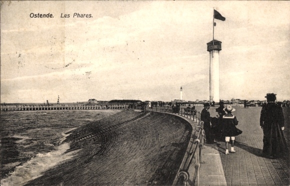 Postcard Oostende Ostend West Flanders, lighthouses, promenade