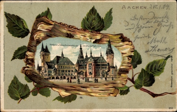 Birch wood litho PC Aachen in North Rhine-Westphalia, town hall, administration building from Chorusplatz