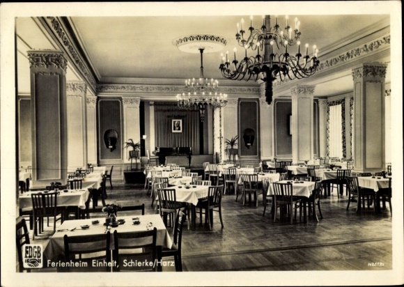 Postcard Schierke Wernigerode in the Harz, FDGB holiday home unit, dining room, chandelier