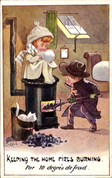 Artist Postcard Right, Boy heating in the oven, Freezing girl, Coal