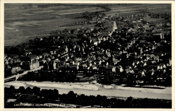 Postcard Lechhausen Augsburg in Swabia, aerial view of residential building, river
