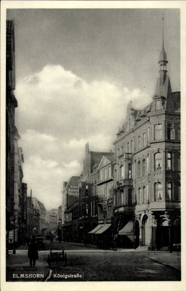 Ak Elmshorn in Holstein, straatbeeld, Königstraße, gebouwen, wolken, koffie