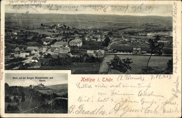 Postcard Krölpa in Thuringia, general view, view of the castles of Brandenstein and Ranis