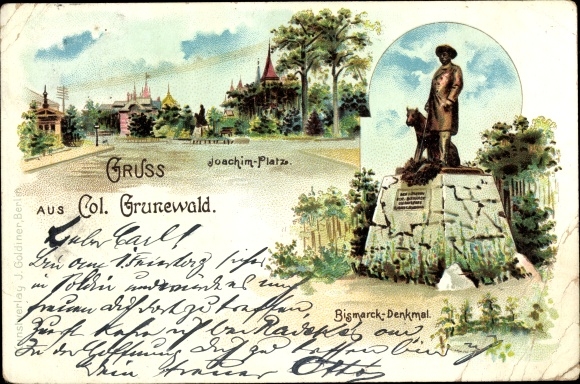 Litho Berlin Wilmersdorf Grunewald, Joachim Platz, Bismarck Denkmal