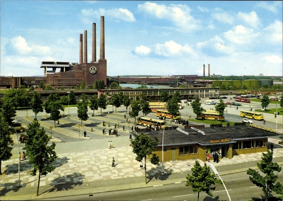 Postcard Wolfsburg in Lower Saxony, train station and VW factory