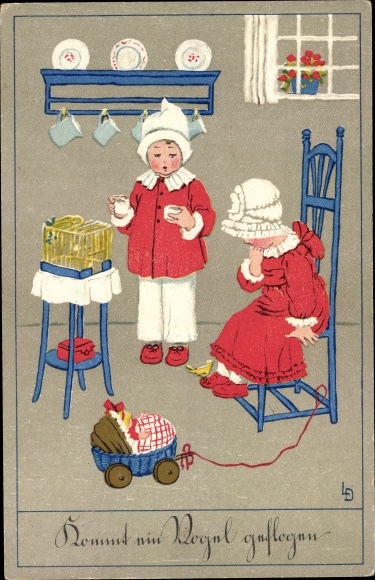 Artist PC Döring, L., children in the kitchen, wall plates, toys, chair