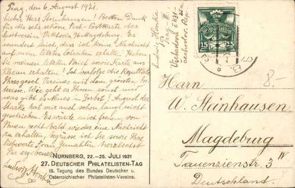 Coat of arms PC Nuremberg in Middle Franconia Bavaria, 27th German Philatelists' Day 1921