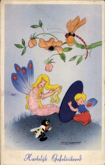 Artist Postcard Schermele, Willy, Happy Birthday, Elves, Bee, Flower, Dragonfly