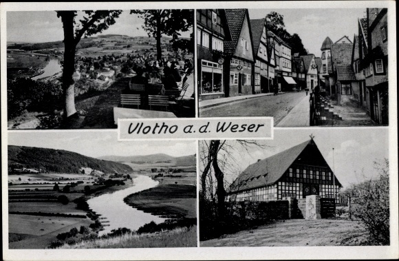 PC Vlotho in North Rhine-Westphalia, panorama of the town, country house, Weser section, street section