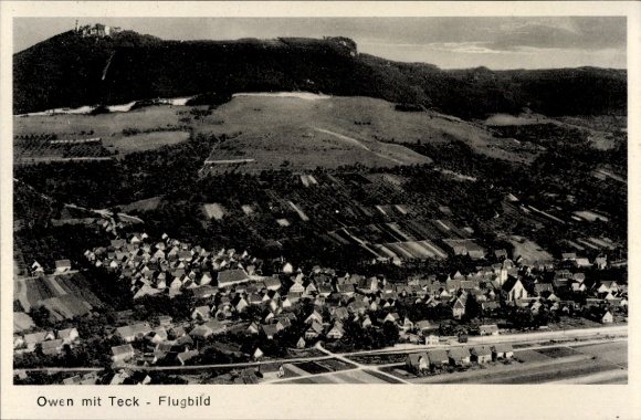 Postcard Owen unter Teck Württemberg, Burg Teck, aerial photograph