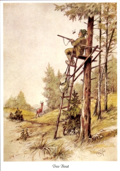 Artist Postcard Geilfus, H., The Beast, hunter on a high seat, bee, hunting humor