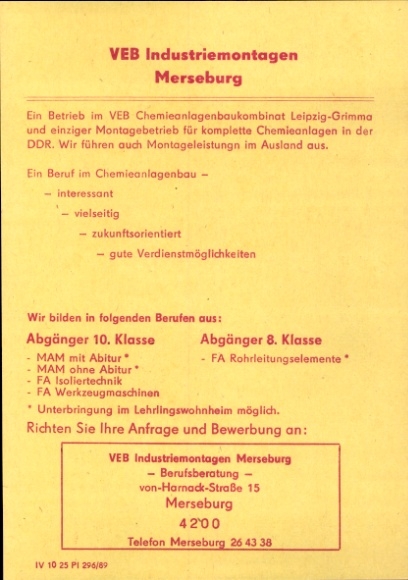 Timetable GDR VEB Industriemontagen Merseburg, school holidays 1989/1990