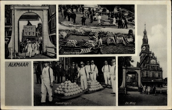 Postcard Alkmaar Nordholland Niederlande, cheese carriers, cheese market, De Wag