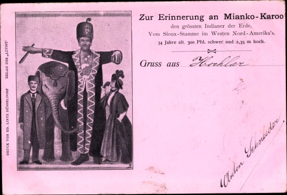 Postcard Mianko Karoo, largest Indian on earth, from the Sioux tribe, elephant, size comparison