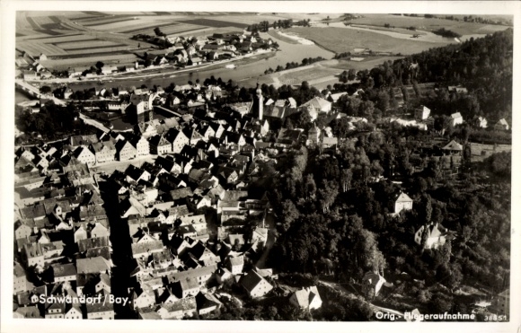 Postcard Schwandorf in the Upper Palatinate Forest Bavaria, aerial view of many houses, rural surroundings