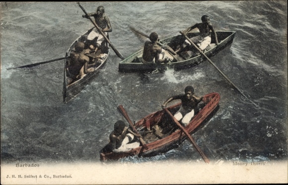 Postcard Barbados BWI, Money Divers, Men in rowing boats