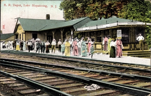 Ak Lake Hopatcong New Jersey USA, RR Depot, treinstation, spoorzijde