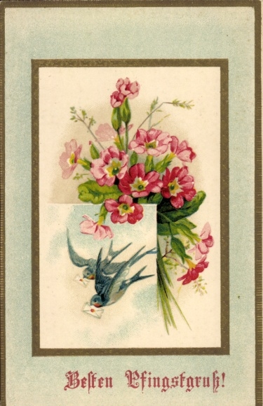 Passepartout Postcard Congratulations Pentecost, Swallows, Letters