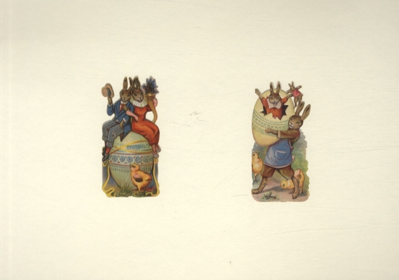 2 wafer Easter bunnies with colorful Easter eggs and chicks, each approx. 8.5 x 4 cm