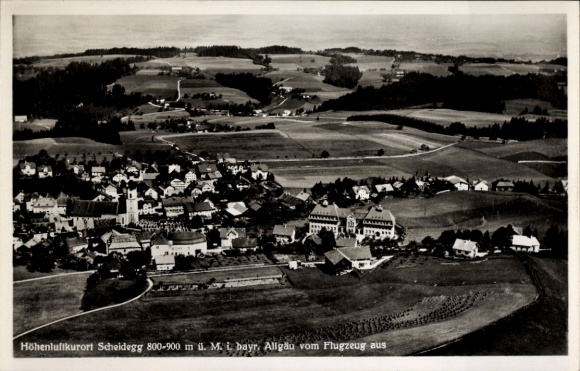 Postcard Scheidegg in Allgäu Swabia, aerial photograph