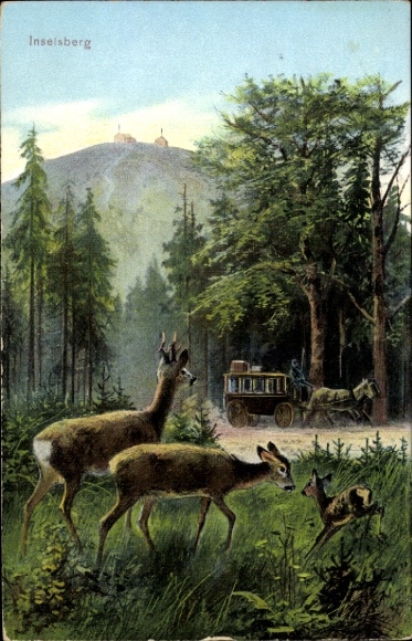 Postcard Brotterode in Thuringia, Inselsberg, Three Deer, Stagecoach