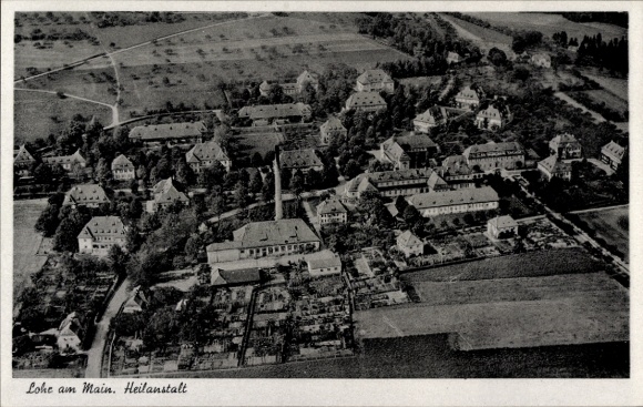 Postcard Lohr am Main Unterfranken, Heil-Pflegestätte Lohr a. Main, aircraft photo