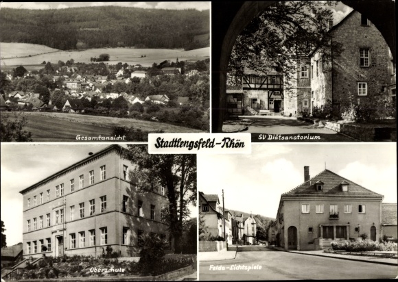 Postcard Stadtlengsfeld in the Rhön, dietetic sanatorium, Felda Lichtspiele, high school