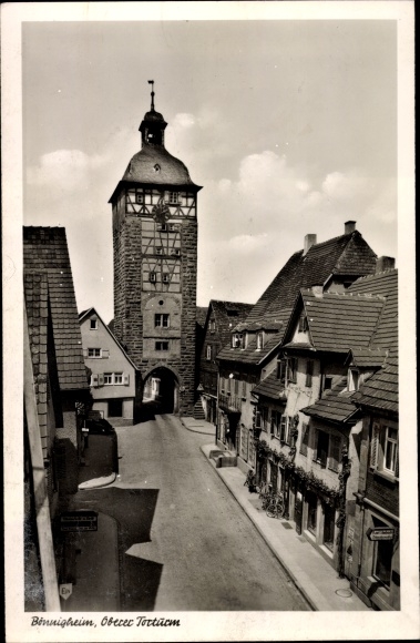 PC Bönnigheim in Württemberg, upper gate tower, street section, shops, wine bar
