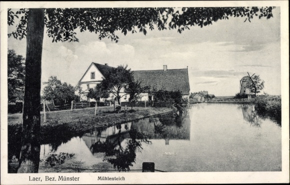 Ak Laer in Westfalen, Mühlenteich, Windmühle