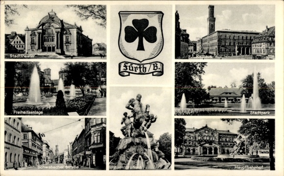 Ak Fürth in Mittelfranken Bayern, Stadttheater, Freiheitsanlage, Rathaus, Stadtpark, Schwabacher 