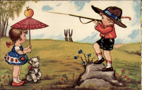 Kunstenaarskaart Boriss, M., Kleine jager schiet op de appel, Amag 0318