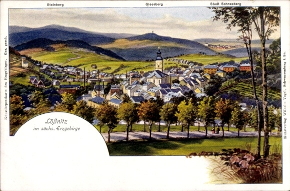 Artist Postcard Lößnitz in the Erzgebirge, general view, Steinberg, Gleesberg