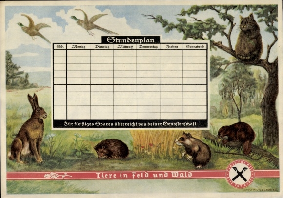 Timetable Sparkasse Genossenschaft, animals in fields and forests, rabbits, partridges, lynxes around 1930