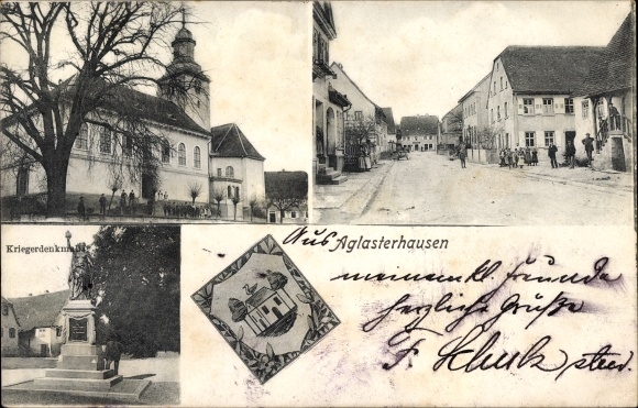 Postcard Aglasterhausen in Baden, church, war memorial, street section