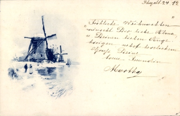 Chromo-Litho Windmills, River, Sailboat, Couple