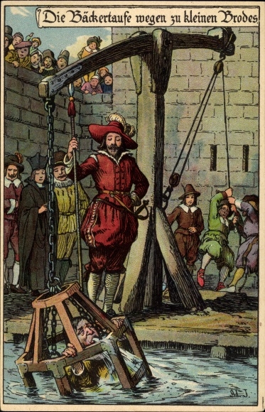 Artist Chromo-Litho Jodolfi, The baker&#39;s baptism because of too small bread, punishments in the Middle Ages