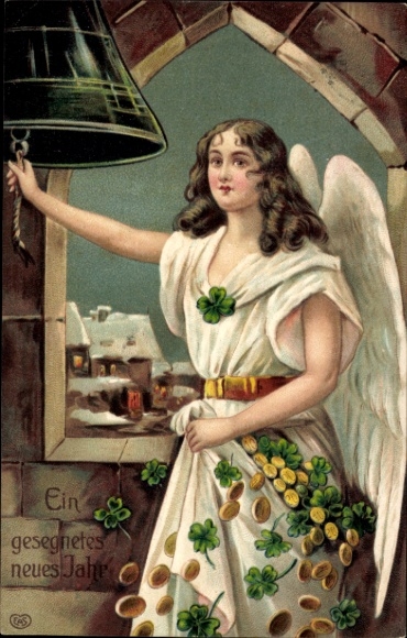 PC Happy New Year, angel, golden coins, lucky clover, bell