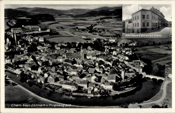 Postcard Cham in the Upper Palatinate, aerial photograph, Gasthaus z. Goldenen Stern