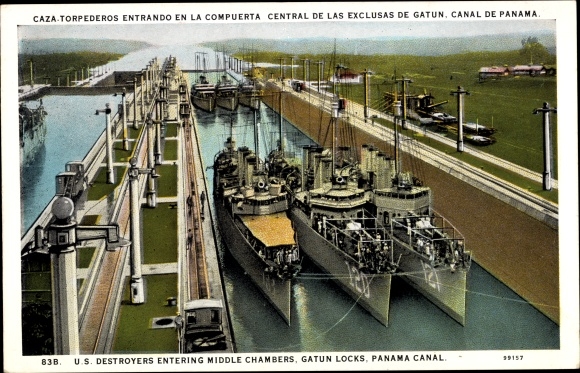 Postcard U. S. Destroyers entering Gatun Locks, Panama Canal