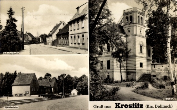 Ak Krostitz in Saksen, middelbare school, Bahnhofstrasse, atletenhuis