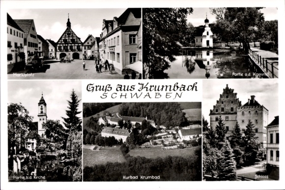 Postcard Krumbach Swabia, Market Square, Greetings from Swabia, Party by the Church, Castle