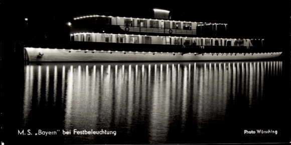 Postcard MS Bavaria at festive illumination on Lake Starnberg, night scene