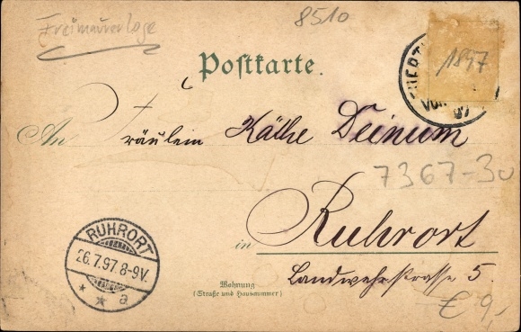 Chromo-Litho Fürth im Odenwald, bridge, promenade street, art fountain, church, fortress, Masonic lodge