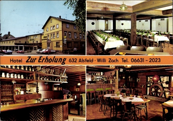 Ak Alsfeld in Hessen, Hotel Zur Recreatie, bar, eetkamer, hal, buitenaanzicht